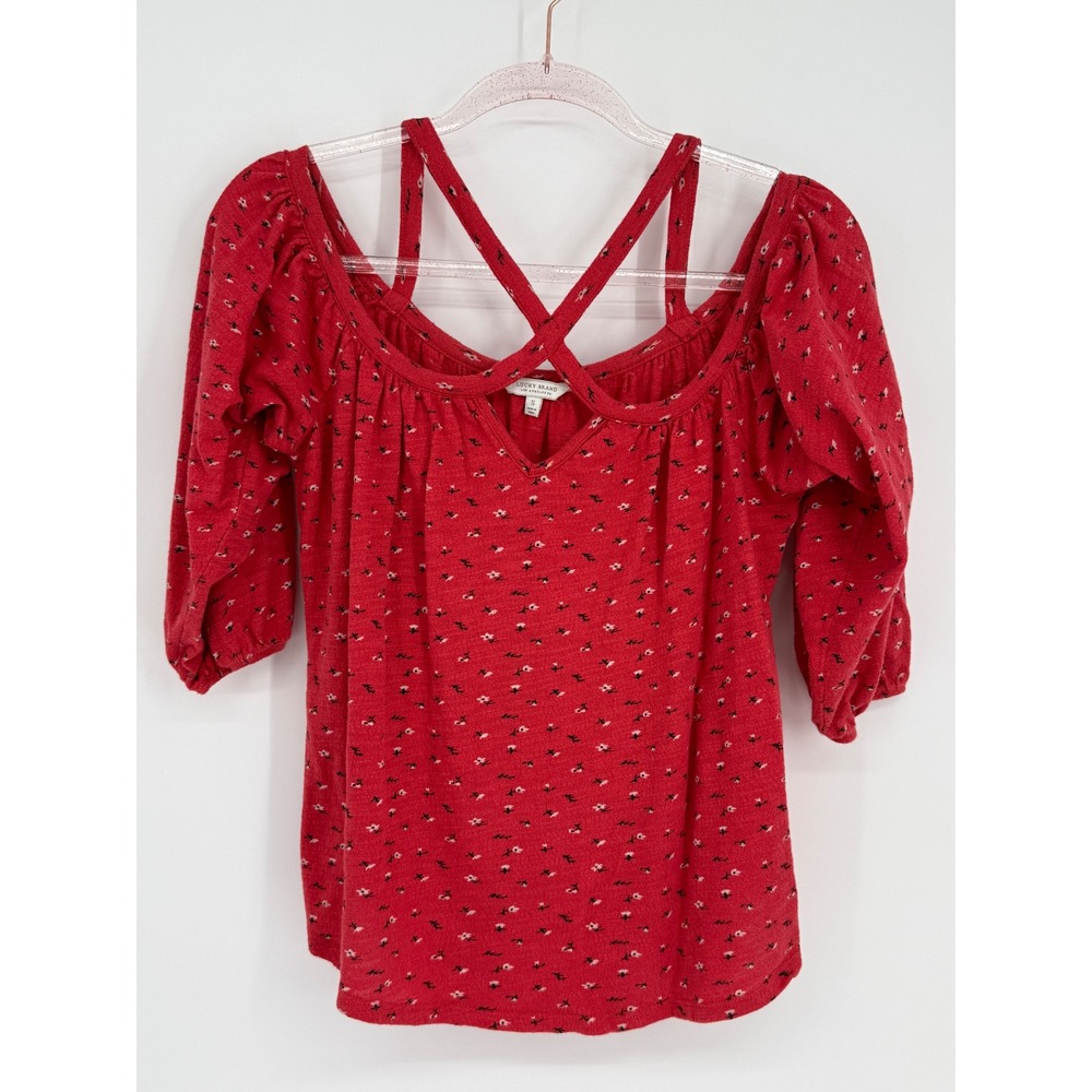 Lucky Brand Red Floral Strappy V-Neck Puff Sleeve Boho Knit Top Sz S